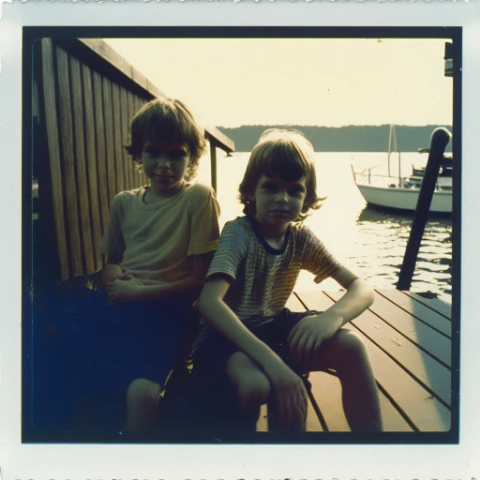 two siblings sitting on deck in late afternoon, early 2000s, flash photography, polaroid 